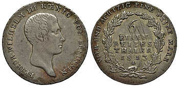 Пруссия 1/6 талера 1813 A, ФРИДРИХ ВИЛЬГЕЛЬМ III (1797-1840) KM 385 серебро 00-00