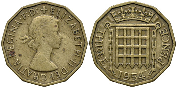 Великобритания 3 пенса 1954 Елизавета II (1952-2022) KM 900, Spink 4153 никель латунь 4171-545