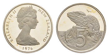 Новая Зеландия 5 центов 1976 тираж 11.000 экземпляров KM 34 медно-никель PROOF 4127-1335