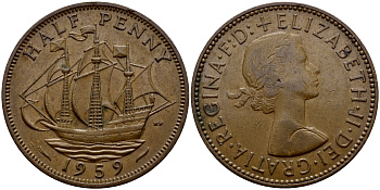 Великобритания 1/2 пенни 1959 Елизавета II (1952-2022) KM 896, Spink 4158 бронза 57-431