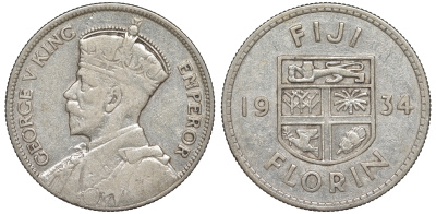 Фиджи 1 флорин 1934 Георг V (1910-1936), герб Фиджи KM 5 серебро 91-1216