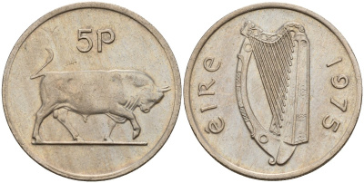 Ирландия 5 пенсов 1975 бык KM 22 медно-никель 4141-256
