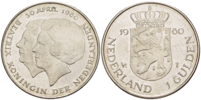Нидерланды 1 гульден 1980 на коронацию Беатрикс, 30 апреля 1980 KM 200 никель 31-816