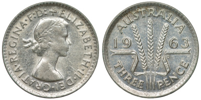 Австралия 3 пенса 1963 m, Елизавета II (1952-2022) KM 57 серебро 71-939