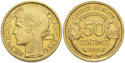 ФРАНЦИЯ 50 САНТИМОВ 1939 ТИП MORLON KM 894.1, LE FRANC 192.15 алюминиевая бронза 44-911