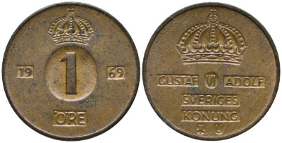 Швеция 1 эре 1969 U, Густав VI Адольф (1950-1973) KM 820 бронза 201-1159