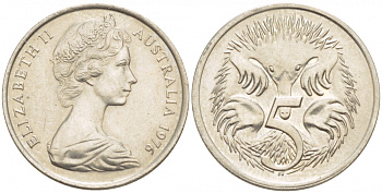 Австралия 5 центов 1976 королева Елизавета II (1952-2022), ехидна KM 64 медно-никель UNC 4532-559