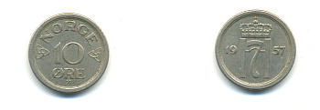 НОРВЕГИЯ 10 ЭРЕ 1957 KM 396 медно-никель 80-533