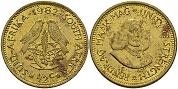 ЮАР 1/2 ЦЕНТА 1962 ЯН ВАН РИБЕК (1619-1677), ГОЛАНДСКИЙ ИССЛЕДОВАТЕЛЬ , МОРЕПЛАВАТЕЛЬ, ОСНОВАТЕЛЬ Г. КЕЙПТАУНА, ДВЕ ПТИЧКИ НА ВЕТКЕ С ЯГОДАМИ KM 56 латунь UNC 67-237