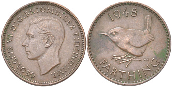 Великобритания 1 фартинг 1948 Георг VI (1936-1952) KM 843, Spink 4116 бронза 4613-518