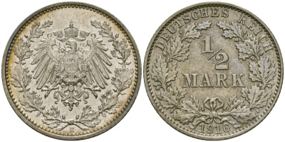 ГЕРМАНИЯ 1/2 МАРКИ 1916 E J. 16, KM 17 серебро UNC 65-245