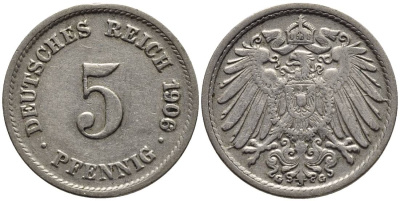 ГЕРМАНИЯ 5 ПФЕННИГОВ 1906 G KM 11, Jager 12, Weege 6 медно-никель 4547-454