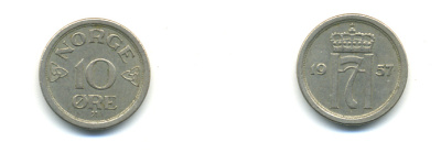 НОРВЕГИЯ 10 ЭРЕ 1957 KM 396 медно-никель 80-533