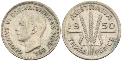 Австралия 3 пенса 1950 KG, Георг VI (1937-1952) KM 44 серебро 4585-267