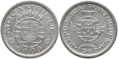 Португальский Мозамбик 5 эскудо 1960 КМ 84 серебро 202-453