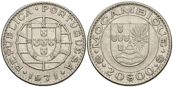 Португальский Мозамбик 20 эскудо 1971 KM 87 никель 221-134