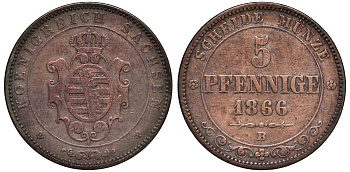 САКСОНИЯ 5 ПФЕННИГОВ 1866 В KM 1218 медь 75-733