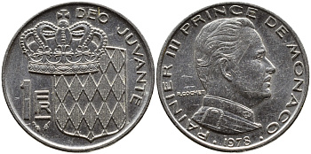 Монако 1 франк 1978 Ренье III (1949-2005) KM 140 никель 4364-645