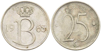 Бельгия 25 сантимов 1965 Belgique, Бодуэн I (1951-1993) KM 153.1 медно-никель 201-1262