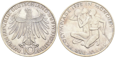 ФРГ 10 марок 1972 G, XX летние Олимпийские Игры, Мюнхен 1972, спортсмены KM 132, J. 403 серебро UNC 4558-232