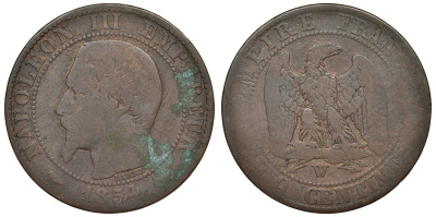 Франция 5 сантимов 1854 W, Наполеон III (1852-1870) KM 777.7, Le Franc 116.15 бронза 4121-1257