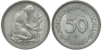 ФРГ 50 ПФЕННИГОВ 1975 F, KM 109.2, J. 384 медно-никель aUNC 72-1057