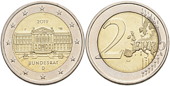 Германия 2 евро 2019 D, 70 ЛЕТ БУНДЕСРАТУ KM 100 биметалл 88-342