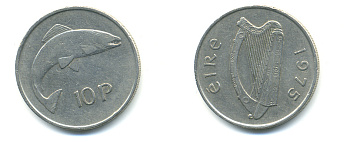 ИРЛАНДИЯ 10 ПЕНСОВ 1975 ЛОСОСЬ KM 23 медно-никель 86-1436