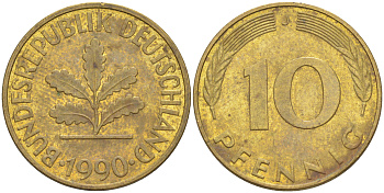 ФРГ 10 пфеннигов 1990 J KM 108, J. 383 сталь плакированная латунью 3459-131