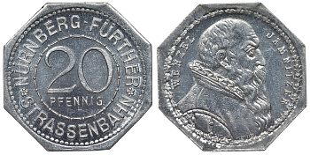 Германия, Нюрнберг - Фюрт 20 пфеннигов ND трамвайный жетон, Венцель Ямницер алюминий UNC 4119-625