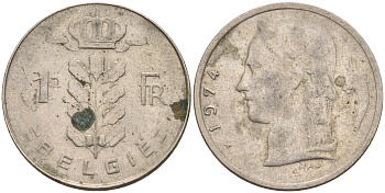 Бельгия 1 франк 1974 Belgie KM 143.1 медно-никель    4592-1242