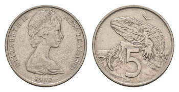Новая Зеландия 5 центов 1967 Елизавета II (1952-2022), ящерица гаттерия KM 34.1 медно-никель 4655-1152