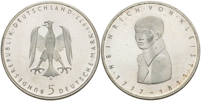 ФРГ 5 марок 1977 G, 200 лет со дня рождения Генриха фон Клейста KM 146, J. 421 серебро UNC 4593-412