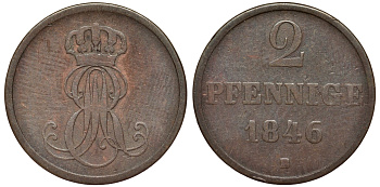 Ганновер 2 пфеннига 1846 B, Эрнст Август (1837-1851) KM 202.1, AKS 124, J. 75 медь 75-1834