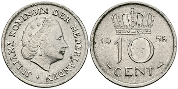НИДЕРЛАНДЫ 10 ЦЕНТОВ 1958 ЮЛИАНА KM 182 никель 96-346