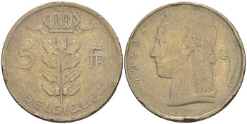 Бельгия 5 франков 1949 Леопольд III (1934-1950), Belgique KM 134.1 медно-никель 3996-831