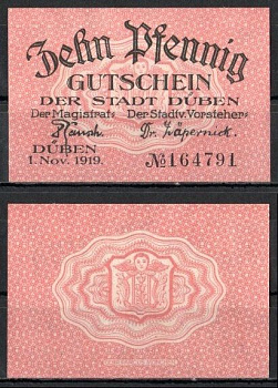 Дюбен (Пруссия, Саксония) 10 пфеннигов 1919 Mehl Grabowski D33.2b бумага UNC (пресс) 7555-59-3-2