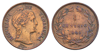Венесуэла 1 сентаво 1862 Y 7 медь 413-611