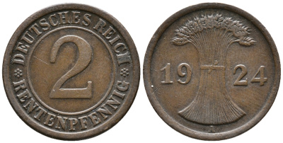 ГЕРМАНИЯ 2 РЕНТЕНПФЕННИГА 1924 A KM 31, J. 307 бронза 24-547