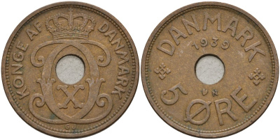 Дания 5 эре 1939 Кристиан X (1912-1947) KM 828 бронза 4148-224