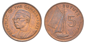 Гамбия 5 бутутов 1971 год-тип KM 9 бронза UNC 4651-849
