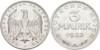 Германия 3 марки 1922 A, третья годовщина Веймарской Конституции KM 29, J.303 алюминий UNC 4587-213