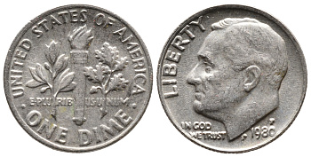 США 10 центов = дайм 1980 P, Рузвельт KM 195а медь плакированная медно-никелем 73-1738