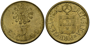 Португалия 5 эскудо 1988 KM 632 никель латунь 4138-215