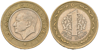 Турция 1 лира 2015 KM 1244 биметалл 4561-1215