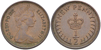Великобритания 1/2 пенни 1971 Елизавета II (1952-2022) KM 914, Spink 4239 бронза 4115-658