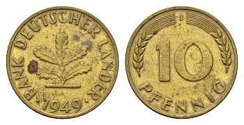 ФРГ 10 пфеннигов 1949 J KM 103, J.378 сталь плакированная латунью 4630-511