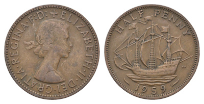 Великобритания 1/2 пенни 1959 Елизавета II (1952-2022) KM 896, Spink 4158 бронза 4662-1146