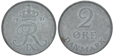 Дания 2 эре 1971 C; S, Фредерик IX (1947-1972) KM 840.2 цинк 4122-435