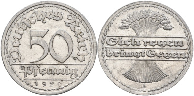 Германия 50 пфеннигов 1920 A KM 27, J.301, Weege 10 алюминий aUNC 4584-727